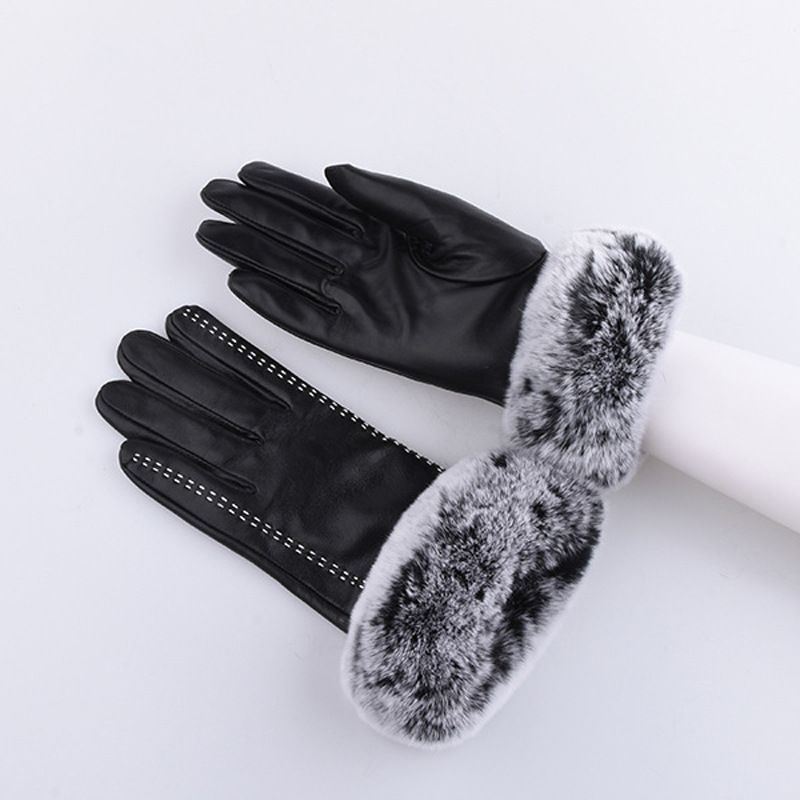 Scarpe invernali da donna in pelle con fodera in pile, dita separate, touchscreen, rifiniture in pelliccia di coniglio, doppie cuciture, fatte a mano_voghion.com