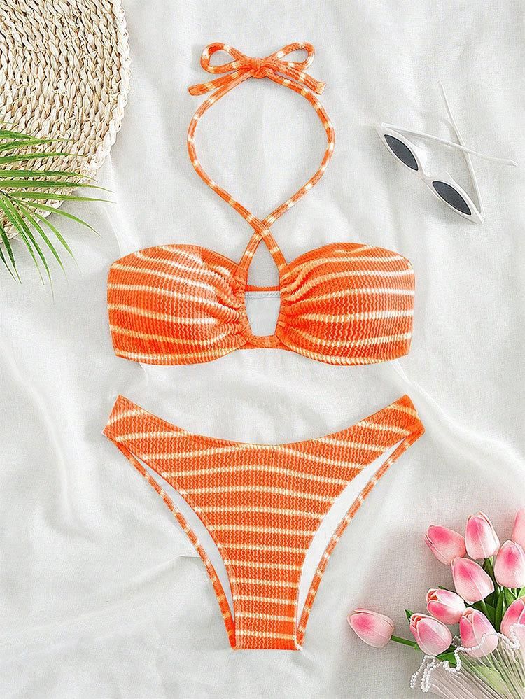 Damenbekleidung Gestreifter Badeanzug Sexy Dreipunkt-Bikini Split Badeanzug Frauen Sommer_voghion.com