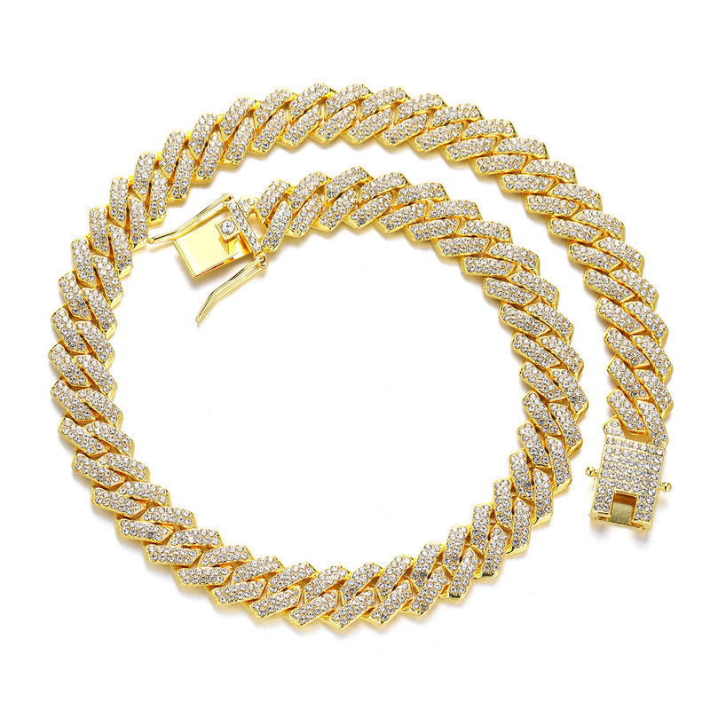 13MM Rhombus Prong Cuban Link Chain 2Row Iced Out Rhinestones Rapper Necklaces Bracelet For Men Women Choker Men Jewelry_voghion.com