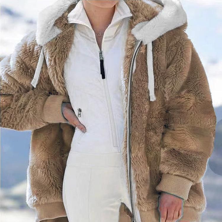 Damenbekleidung neue Herbst- und Winterjacke mit lockerer Plüsch-Kapuze und Reißverschluss für Damen_voghion.com