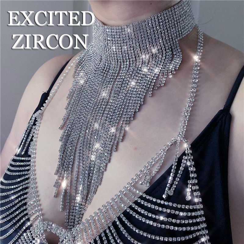 Personalized luxury rhinestone tassel simple and versatile necklace, exaggerated new diamond studded collarbone chain,_voghion.com