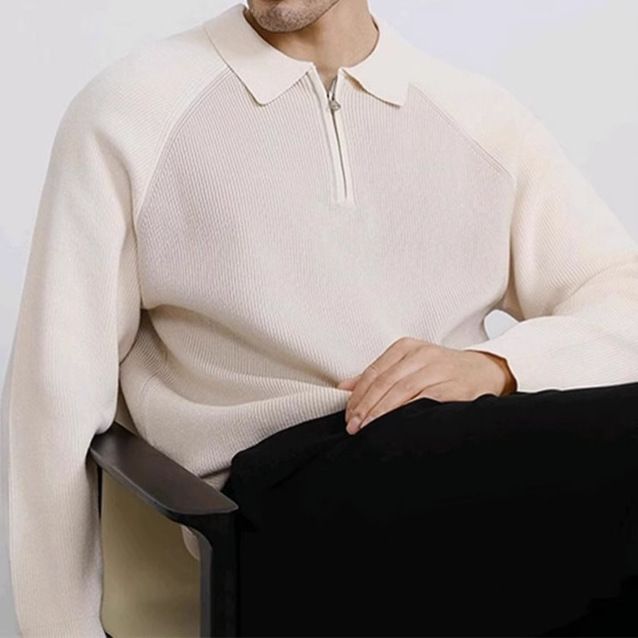 "Herren-Polopullover mit Kontrastkragen und Halbreißverschluss – Übergroßer Strickpullover mit Raglanärmeln, maschinenwaschbar (5 Größen, Grün/Schwarz/Weiß)"_voghion.com