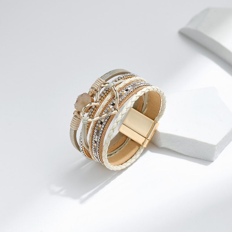 Set di bracciali a strati bohémien - Bracciale rigido regolabile a cuore aperto e catena con perline_voghion.com