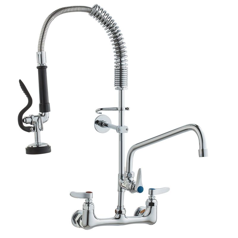 VEVOR Commercial Faucet With Pre-Rinse Sprayer, 25" Height, 8" Center, 12" Swing Spout, Wall Mount Kitchen Sink Faucet, Brass Constructed Device With Pull Down Spray, For 1/2/3 Compartment Sink_voghion.com