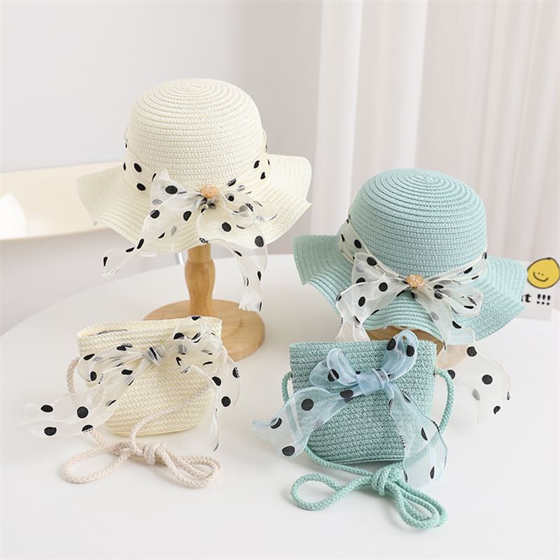 Nuovo set di cappelli e borse parasole con fiocco coreano a pois e onde di paglia per bambini, dolce e carino_voghion.com