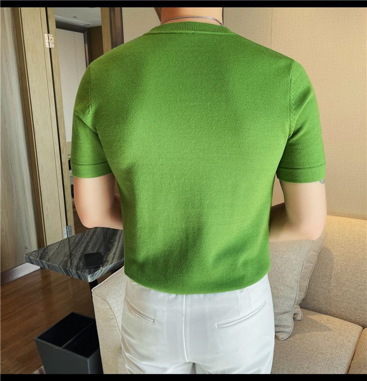 Summer New Products Men's Thick Short Sleeve T-Shirt Threaded Neckline Short Sleeve Knitted Sweater Slim Fit Elastic Bottom Sweater Undershirt_voghion.com
