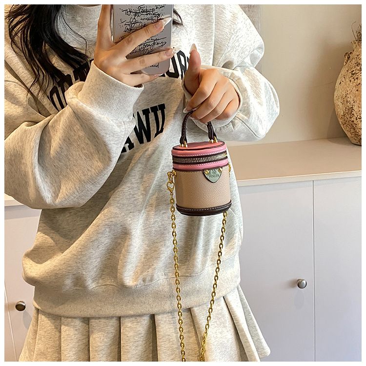 Borsa a secchiello da donna, mini borsa a secchiello rotonda con contrasto di colore, stile per famiglie, da portare a mano, piccola borsa a tracolla color rossetto, da donna_voghion.com
