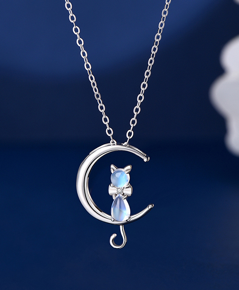Sterling Sier VENUS Mode Maansteen Kitten Ketting Dames Kat Zirkoon Sleutelbeenketting Temperament Eenvoudig_voghion.com