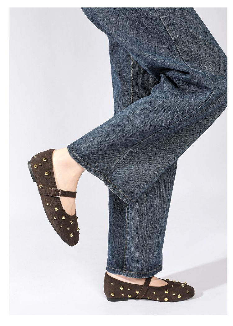 Rivet Decorated Round Toe Ballet Flats Fashionable And Versatile Single Shoes One Strap Ballet Mary Jane Shoes_voghion.com