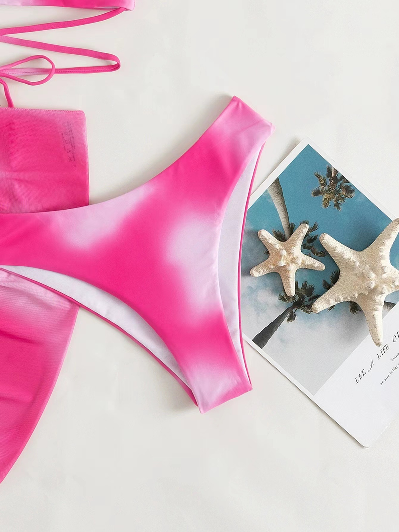Abbigliamento da donna Costume da bagno bikini tie-dye con gonna a rete e spacco in tre pezzi_voghion.com