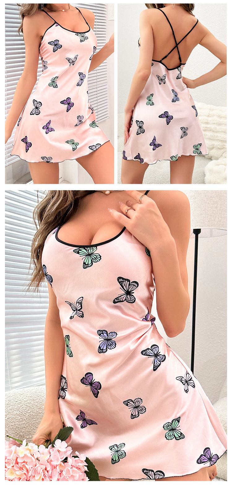 Daenerys Cartoon Butterfly Dress Sexy Backless Strap Simple Style Ice Silk Nightdress_voghion.com
