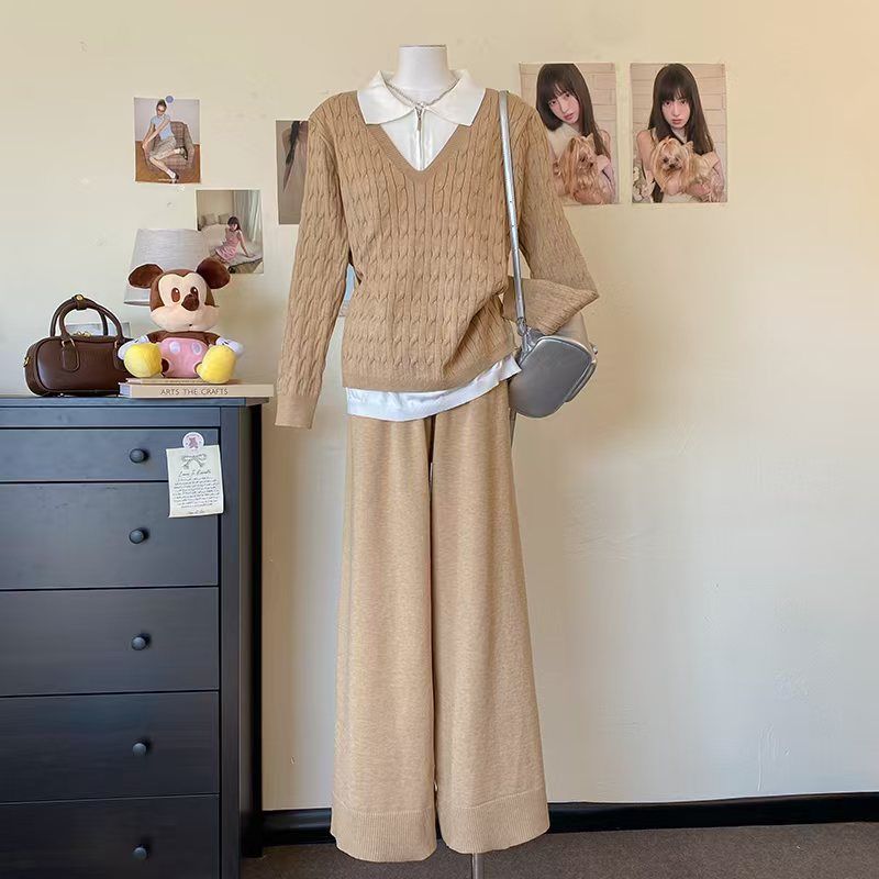 Women's Clothing women's autumn and winter new thick lapel stitching sweater two piece suit knitted sweater wide leg pants temperament suit_voghion.com