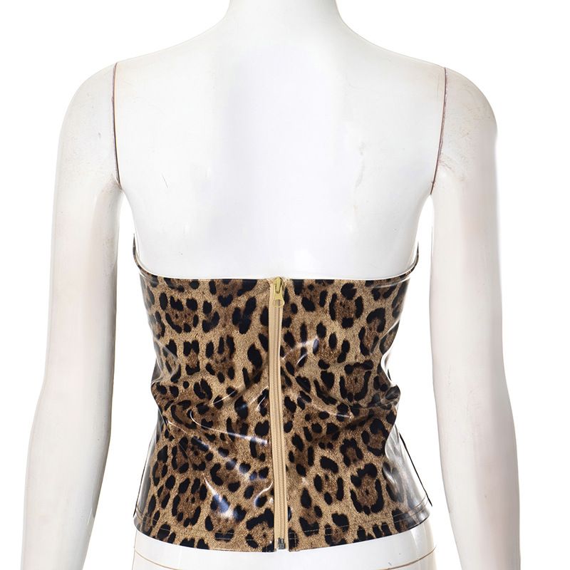 Damkläder Höst- och vintertopp Ärmlös dragkedja Leopardtryck Kort navel med exponerad midja T-shirt_voghion.com