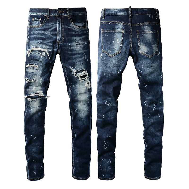 Men's Clothing Washed Old Cat Whisker Patch Hole Elastic Slim Fit Skinny Pants Ink Splash Jeans_voghion.com