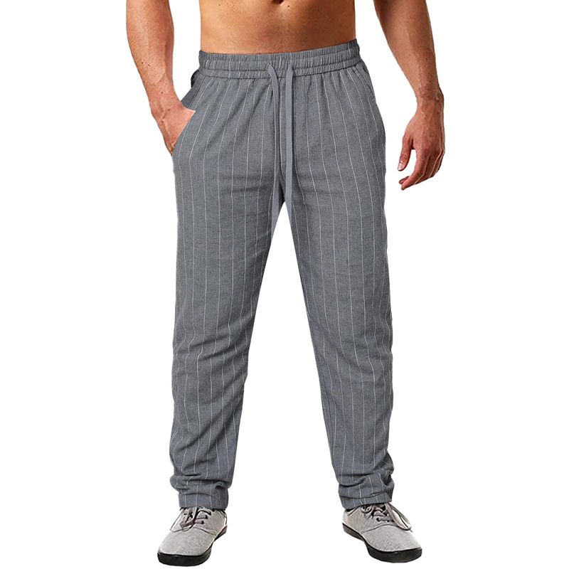 Abbigliamento da uomo, nuovi pantaloni da spiaggia casual in cotone e lino con coulisse elastica in vita, a righe, da uomo_voghion.com