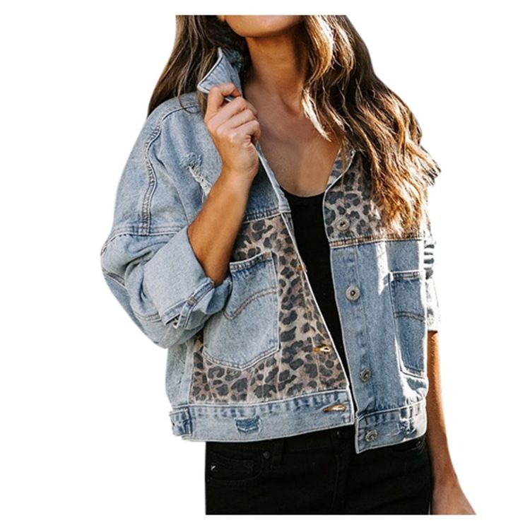 Damenbekleidung Jeansjacke Damen Langarm Jeansjacke Mantel Damen Leopardenmuster Nähte_voghion.com