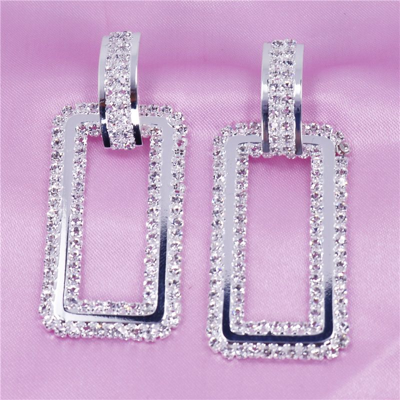 Diamond exaggerated Japanese Korean temperament, geometric long with female personality, square tassel earrings,_voghion.com