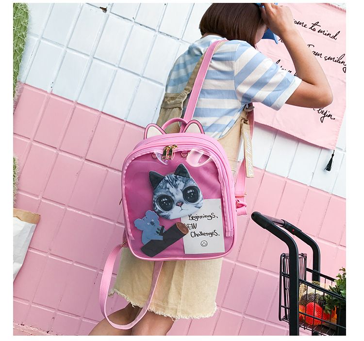 Zaini in pelle con orecchie di gatto adorabili Borsa trasparente color caramello Borse a tracolla da donna Zaino da viaggio per ragazze adolescenti_voghion.com