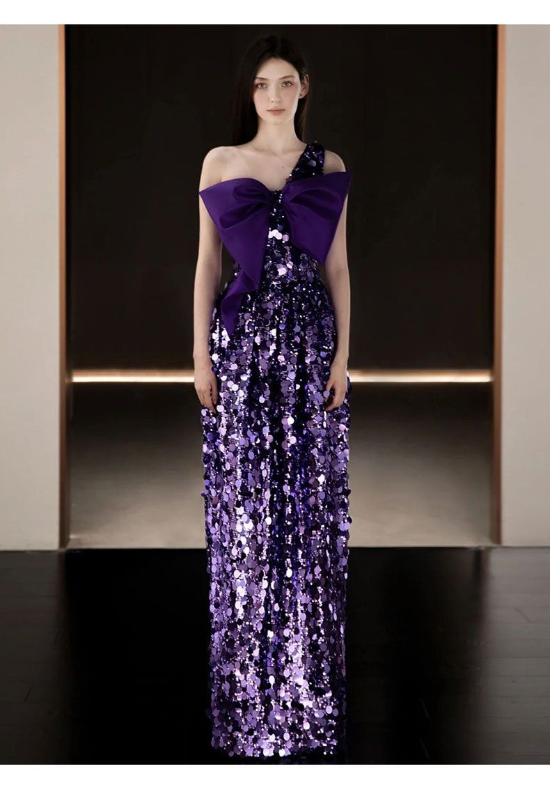 Damenbekleidung Neues Toastkleid im chinesischen Stil, Brauttemperament, langes Verlobungsmorgenkleid, eine Schulter, Schleife, lila, Bankett, Pailletten-Abendkleid_voghion.com