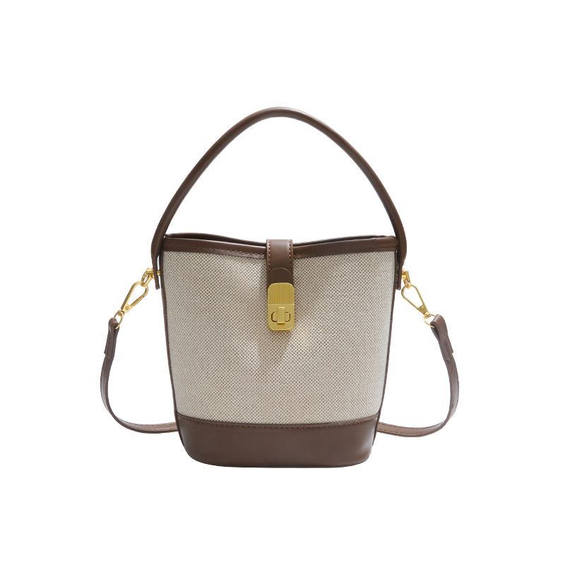 Neuer einfacher Eimer für Frauen im koreanischen Stil, vielseitige Farbblock-Umhängetasche mit Reißverschluss und Schnalle, Handtasche, Umhängetasche_voghion.com