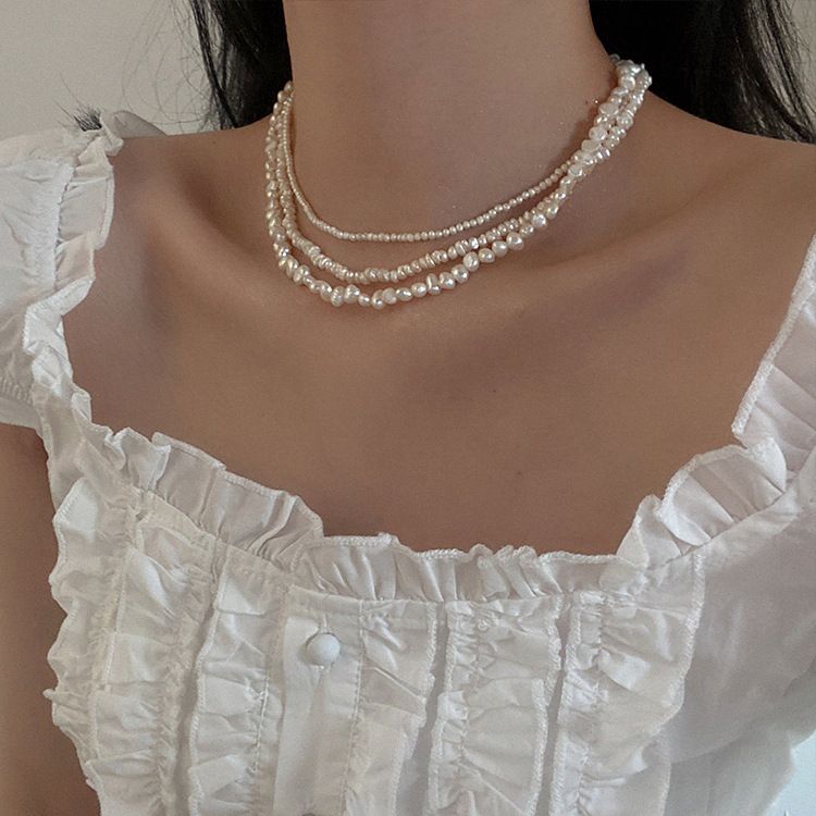 Collana con perle d'acqua dolce da donna, stile retrò francese, semplice, versatile, elegante, alla moda, con catena per clavicola_voghion.com