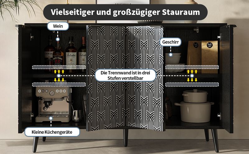 Esszimmerschrank Schwarz 120x78cm Mit Fischgrätenmuster, Geschnitzte Tür_voghion.com