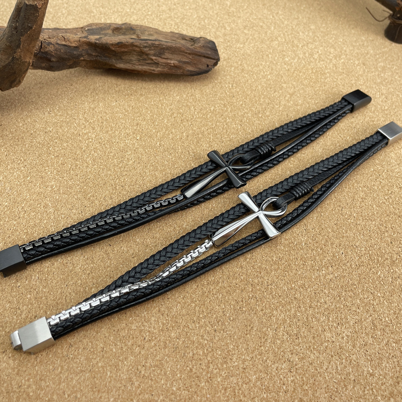 Mehrlagiges handgefertigtes gewebtes Lederband, klassisches Anka-Kreuz-Lederarmband_voghion.com