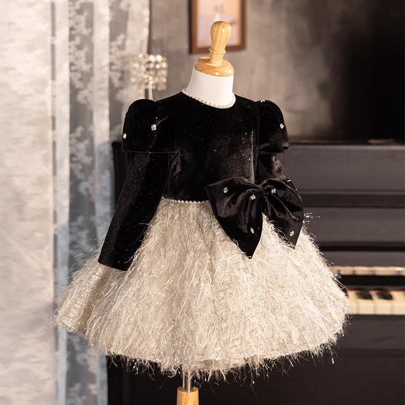 Elegante abito da principessa nero a maniche lunghe per ragazze: abito formale di lusso per recital di pianoforte, feste di compleanno e concorsi._voghion.com
