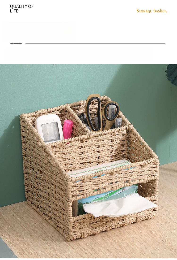 Woven Tea Table, Household Straw Woven Miscellaneous Storage, Desktop Toy Key, Cosmetics, Living Room Snacks, Drawer_voghion.com