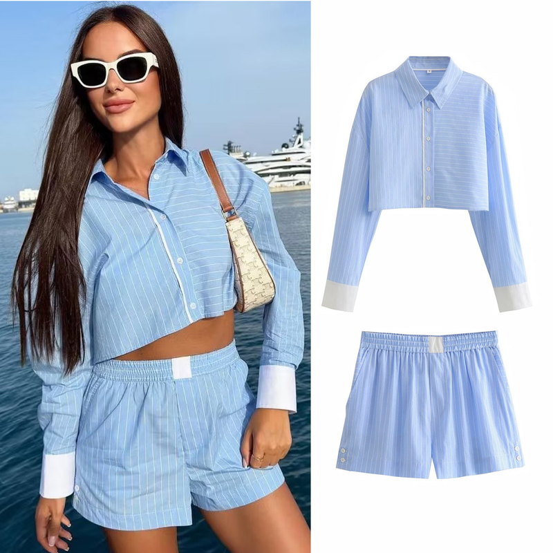 Women's clothing New Women's Striped Contrast Color Shirt Top + Elastic High Waist Shorts Two-piece Set 8BS9697_voghion.com