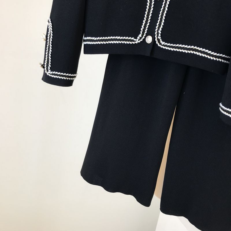 Kadın moda yuvarlak boyun örme hırka üst geniş bacak pantolon iki parçalı set_voghion.com