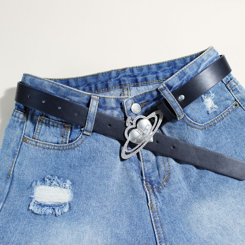 Cintura Saturn in stile Vivienne - Fibbia con logo color argento | Cinturino in pelle PU nera da 1,5" di larghezza | Cinturino unisex alla moda punk (regolabile da 28 a 42 pollici)_voghion.com