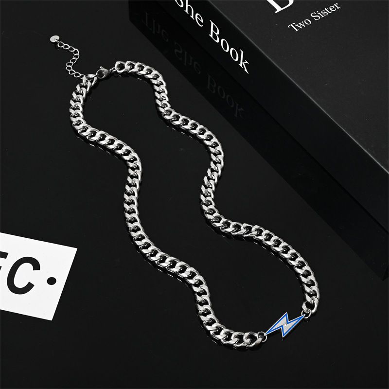 New Style Diamond-Encrusted Lightning Cuban Necklace For Men, Full Titanium Steel, Non-Fading, Heavy Craft, High-End_voghion.com