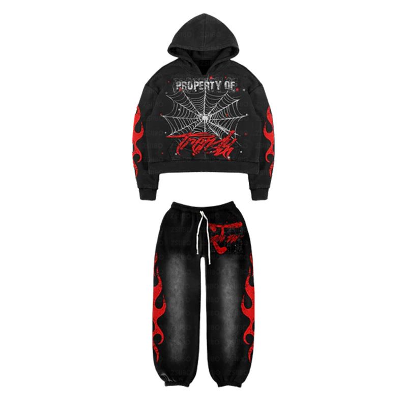 Herrkläder Y2K Street Retro hoodie i gammal stil Personlig tröja med tryckt spindelnät_voghion.com