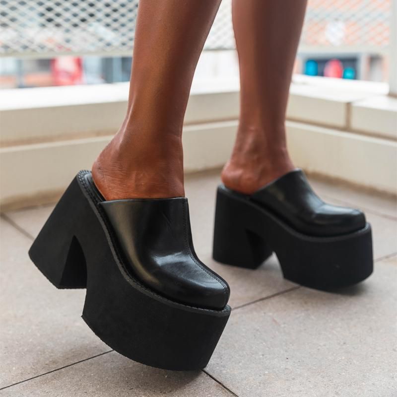 Zárt orrú platform öszvérek vaskos sarkú cipő női vastag alsó fekete magas platós slingback mindennapi viselet kényelmes_voghion.com