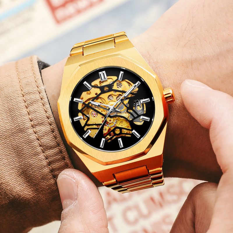 Montre mécanique automatique squelette tendance pour homme avec fonction heure universelle, boîtier en acier inoxydable de 41 mm, verre minéral, bracelet en alliage_voghion.com