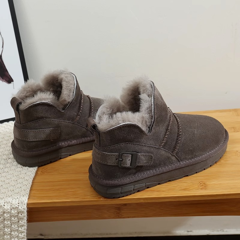 Wasserdichte Schneestiefel Damen kurze Stiefel neue 2023 Winter echtes Leder flache Unterseite kurze Röhre plus samtverdickte Wolle-Baumwoll-Schuhe trendy_voghion.com