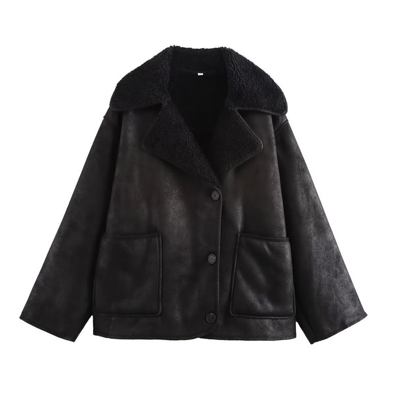 Damenmode Kunstpelzkragen Langarmjacke, Herbstoberbekleidung mit Patchwork-Design, Streetwear-Mantel in Dunkelbraun/Schwarz/Creme_voghion.com