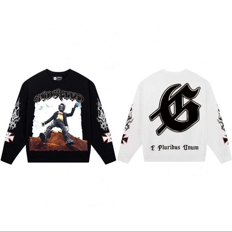 Felpa girocollo unisex con stampa teschio Godspeed in cotone, stile hip hop, manica lunga, alla moda_voghion.com