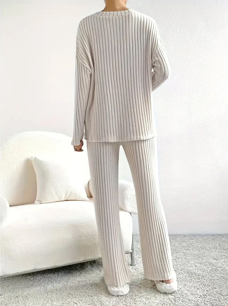 Women's Ribbed Knit Two-Piece Set – Oversized V-Neck Top & Straight Leg Pants (5 Colors) | S-XXL_voghion.com