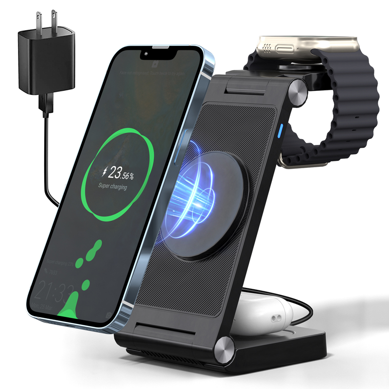 New Vertical Folding Magnetic Three In One Wireless Charger Suitable For 14 Phone Earphones, Watch Charging 15W_voghion.com