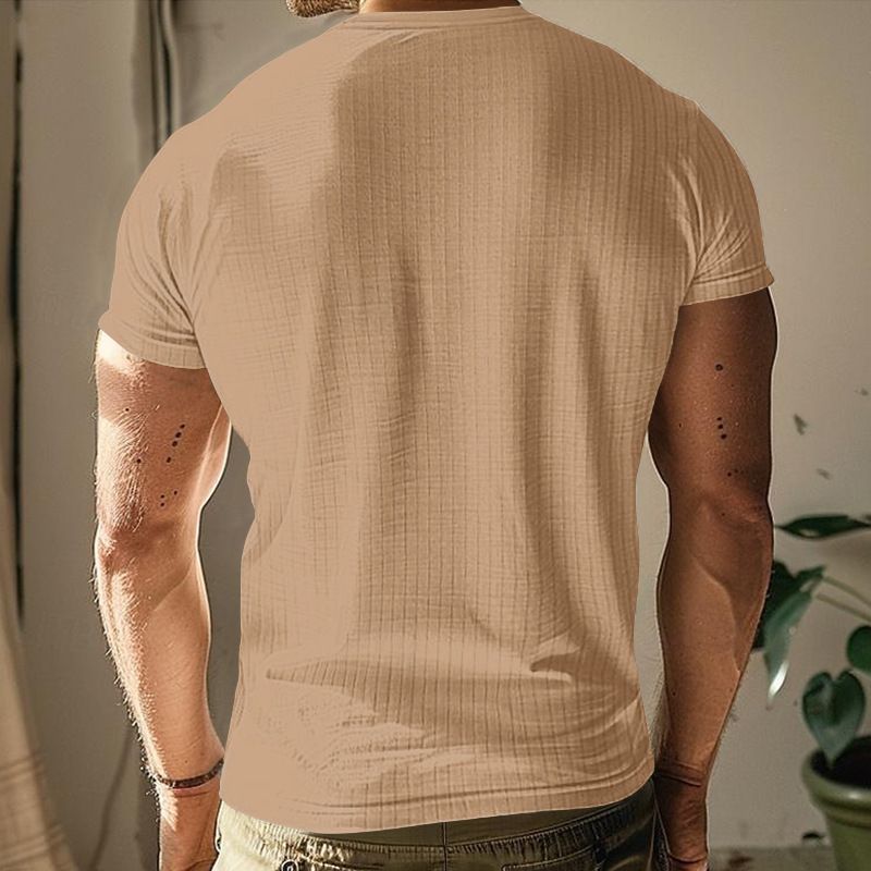 Solid Color Men's New Summer Versatile Short Sleeved Henley Shirt Casual Knitted T-shirt_voghion.com