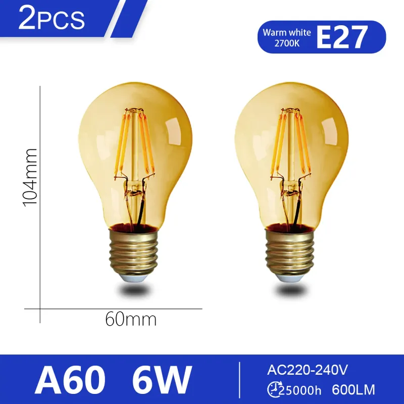 2pcs E27 B22 Retro Edison LED Filament Bulb Lamp AC220V-240V Light Bulb A60 G125 6W 8W Glass Bulb Vintage Globe Light_voghion.com