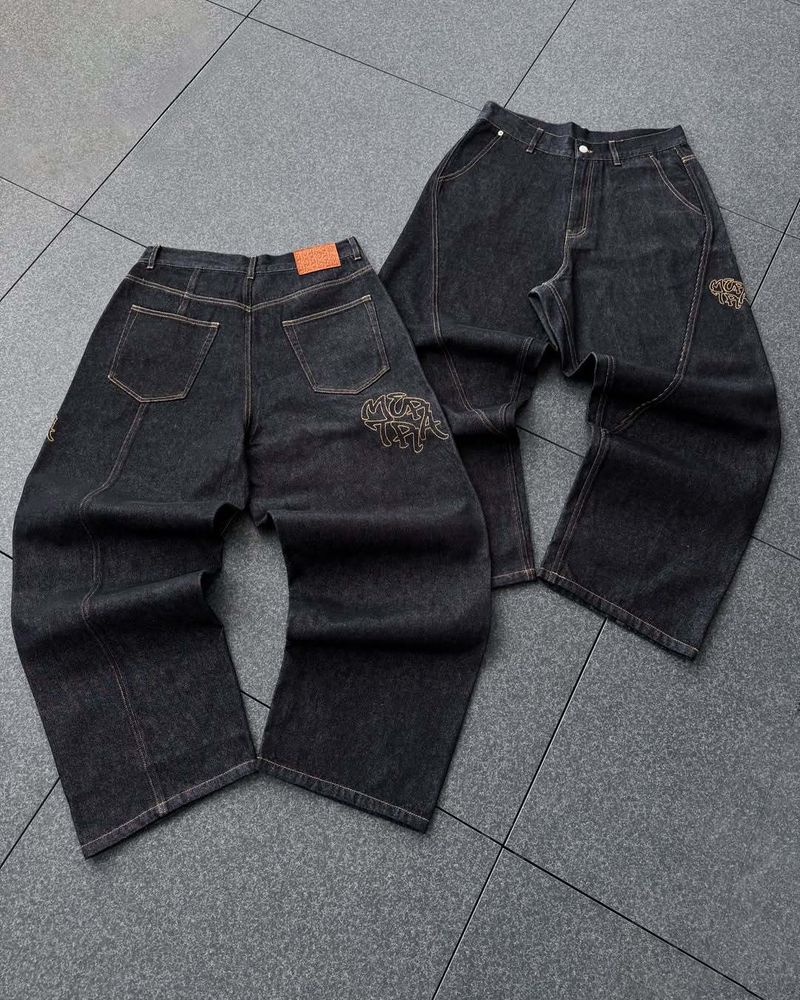 Y2K Baggy Jeans für Männer und Frauen – Low Rise Wide Leg Denim Pants mit Patchwork, 90er Hip Hop Streetwear (Blau/Schwarz)_voghion.com