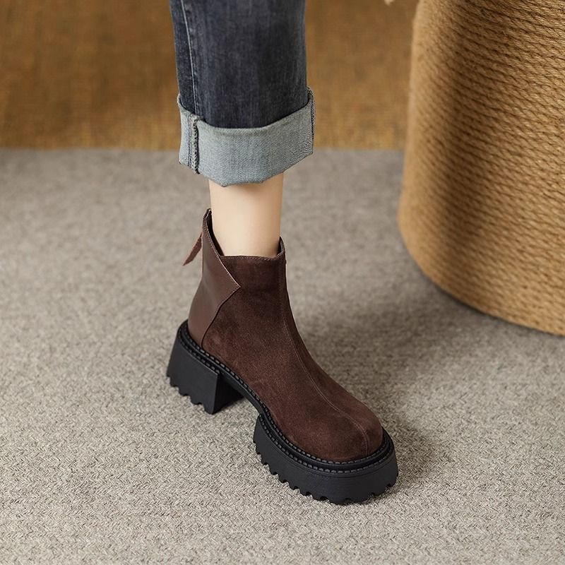 Brown Round Toe Genuine Leather Thick Sole Ankle 2024 Autumn Winter New Suede Height Increasing Versatile Chunky Heel_voghion.com