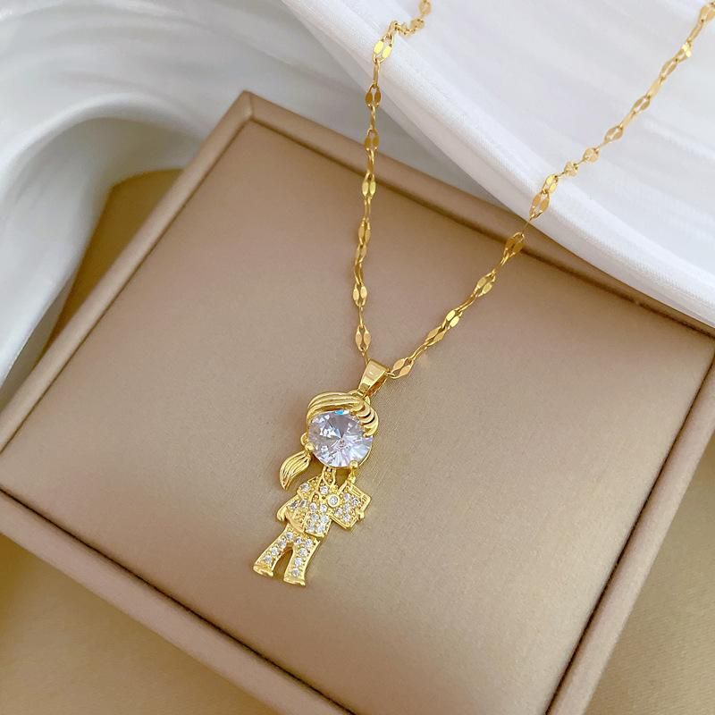 Collar con incrustaciones de circonitas y dijes de niña en color dorado para mujer, gargantilla de pareja, cadena colgante, accesorios de joyería Diy_voghion.com