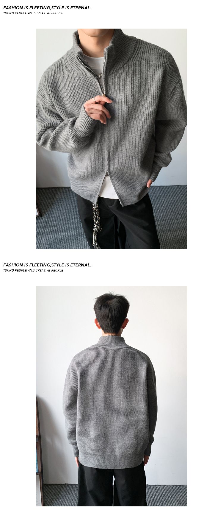 Herrenbekleidung – Strickjacke mit Stehkragen – Verdickter Retro-Pullover für Herbst und Winter, Slim Fit-Basisschicht, Stretch-Polyester-Mischgewebe, Grau und Schwarz_voghion.com