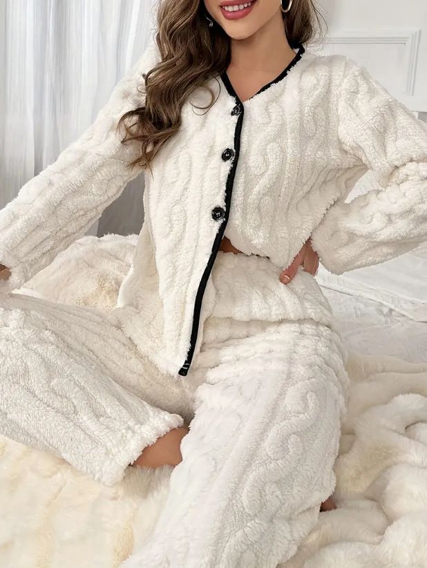 Women's Sleepwears Simple Casual Solid Color Flannel Home Clothes Pajamas Set Striped Pajamas Women's Long Sleeves And Long Pants Can Be Worn Outside_voghion.com
