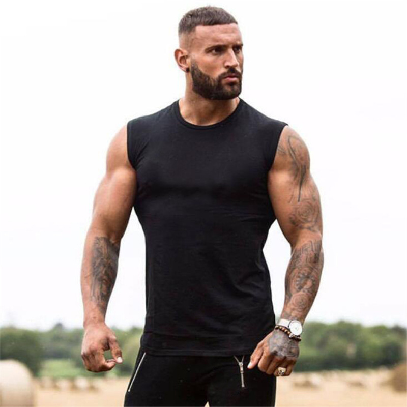 T-shirt senza maniche sportiva estiva solida con piastra liscia Canotta fitness da uomo Canotta da allenamento da corsa in puro cotone_voghion.com