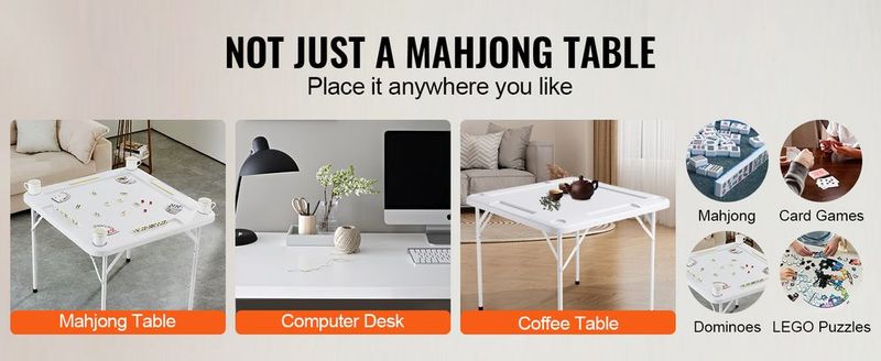 VEVOR Mahjong Table 4 Player Folding Card Table & 4 Cup Holders Chip Trays White_voghion.com